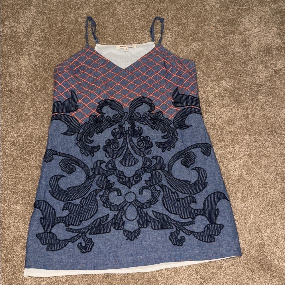 Jealous Tomato Blue and Orange  Embroidered Chambray Dress - size small. B6